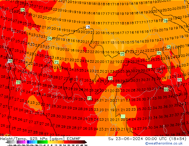 Height/Temp. 925 hPa ECMWF dom 23.06.2024 00 UTC