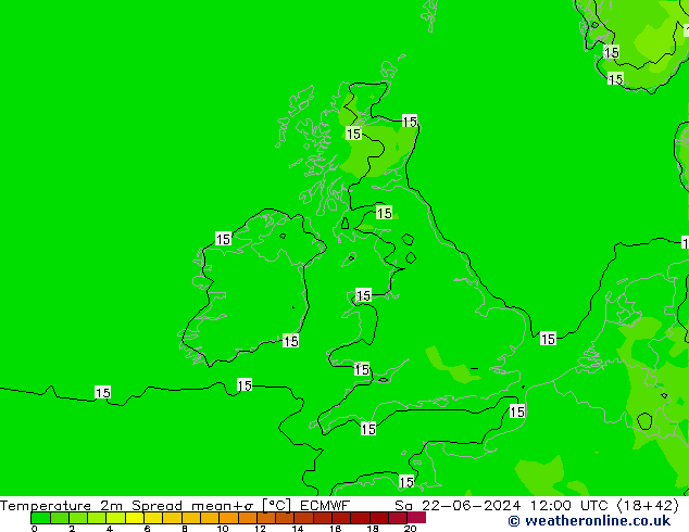 Temperature 2m Spread ECMWF Sa 22.06.2024 12 UTC