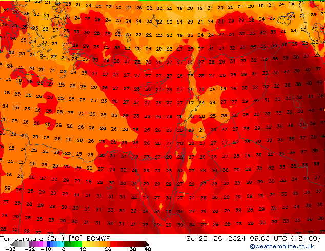 Temperaturkarte (2m) ECMWF So 23.06.2024 06 UTC