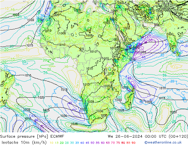 Isotachs (kph) ECMWF ср 26.06.2024 00 UTC