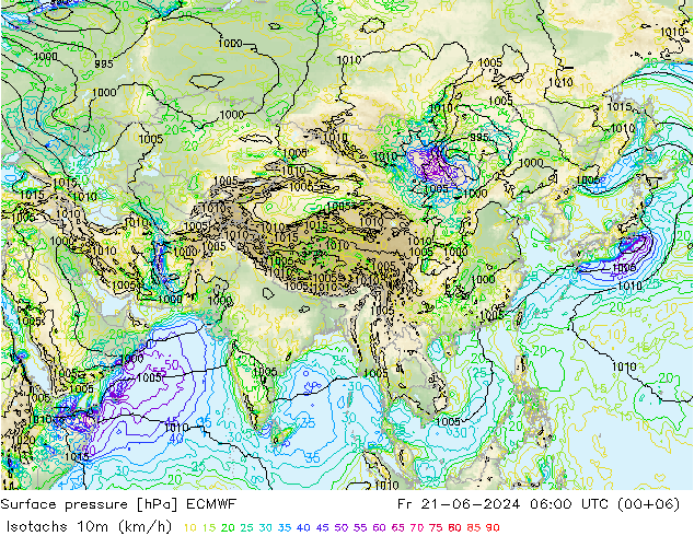 Isotachs (kph) ECMWF  21.06.2024 06 UTC