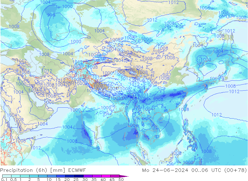 Precipitation (6h) ECMWF Mo 24.06.2024 06 UTC