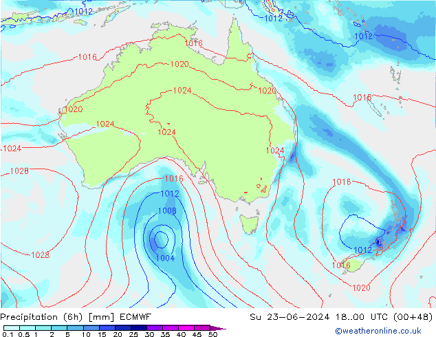 Precipitation (6h) ECMWF Su 23.06.2024 00 UTC