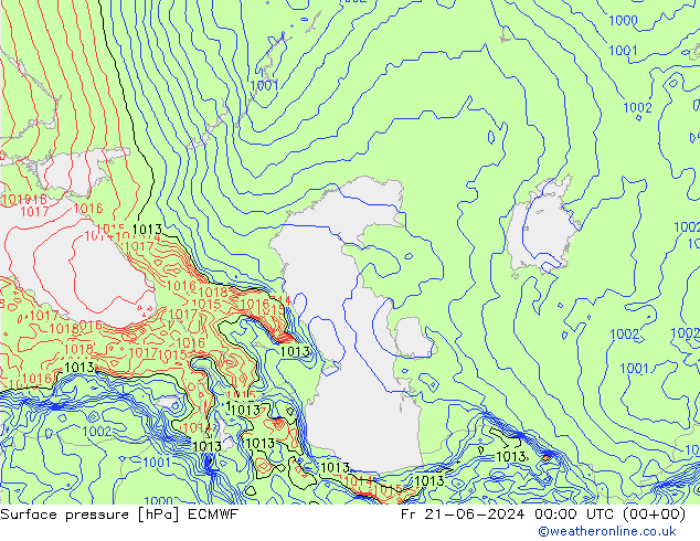 Presión superficial ECMWF vie 21.06.2024 00 UTC