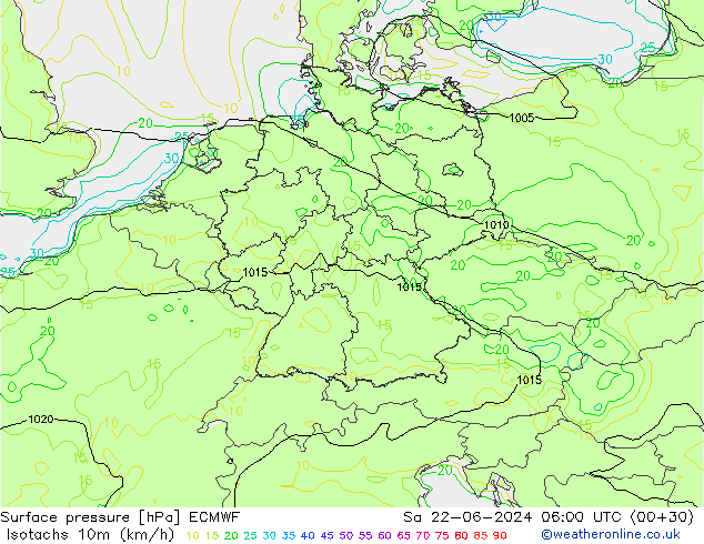 Isotachs (kph) ECMWF So 22.06.2024 06 UTC