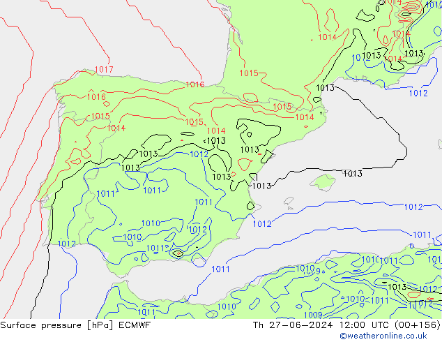 pressão do solo ECMWF Qui 27.06.2024 12 UTC