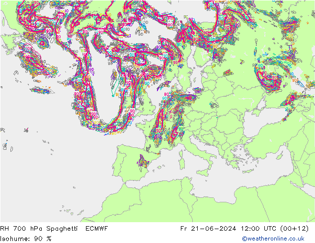 RH 700 гПа Spaghetti ECMWF пт 21.06.2024 12 UTC