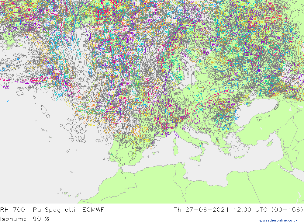 RH 700 hPa Spaghetti ECMWF Čt 27.06.2024 12 UTC