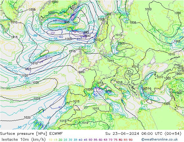 Isotachs (kph) ECMWF Su 23.06.2024 06 UTC