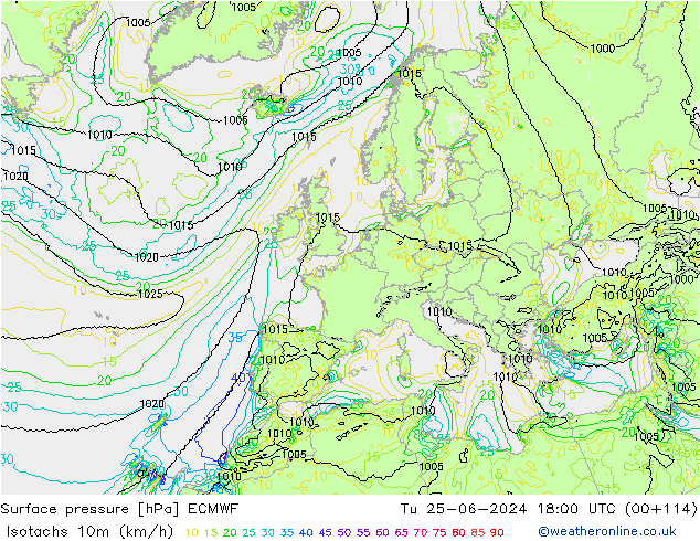 Isotachs (kph) ECMWF вт 25.06.2024 18 UTC