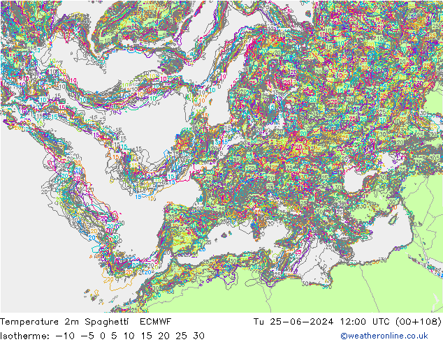 Temperature 2m Spaghetti ECMWF Tu 25.06.2024 12 UTC