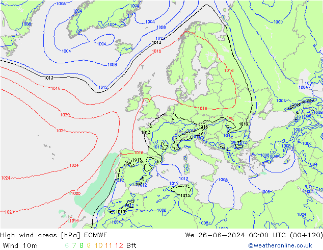 High wind areas ECMWF We 26.06.2024 00 UTC