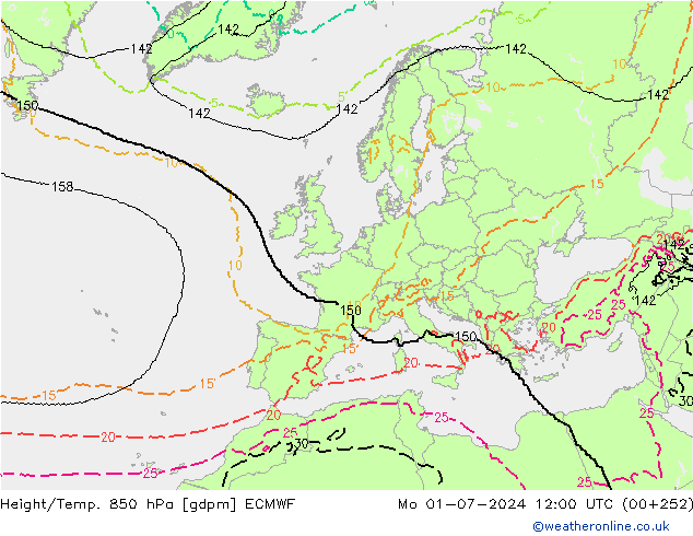 Height/Temp. 850 hPa ECMWF Mo 01.07.2024 12 UTC