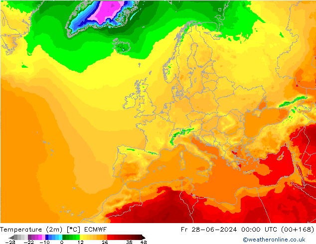 Temperature (2m) ECMWF Fr 28.06.2024 00 UTC