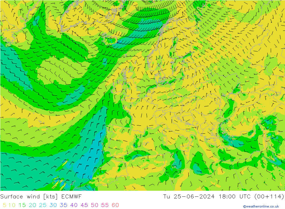 wiatr 10 m ECMWF wto. 25.06.2024 18 UTC