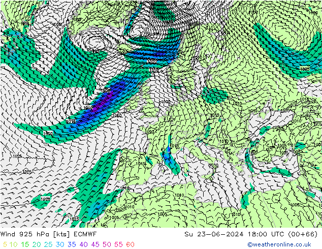 Wind 925 hPa ECMWF Su 23.06.2024 18 UTC