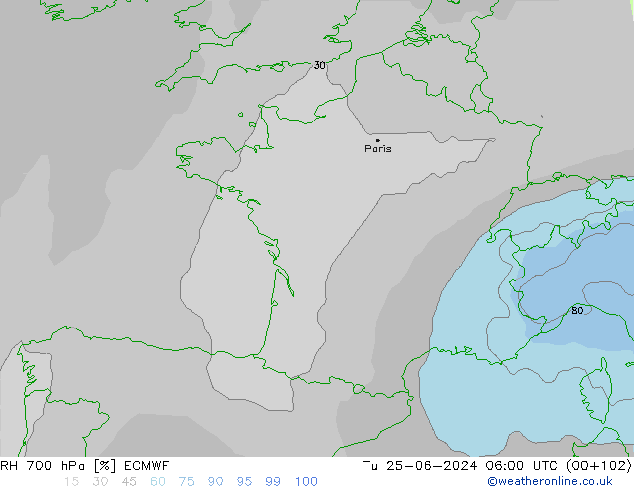 RH 700 hPa ECMWF Tu 25.06.2024 06 UTC