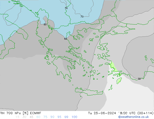 RH 700 hPa ECMWF wto. 25.06.2024 18 UTC