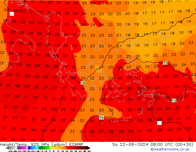 Height/Temp. 925 hPa ECMWF Sa 22.06.2024 06 UTC