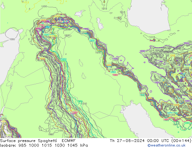 Surface pressure Spaghetti ECMWF Th 27.06.2024 00 UTC