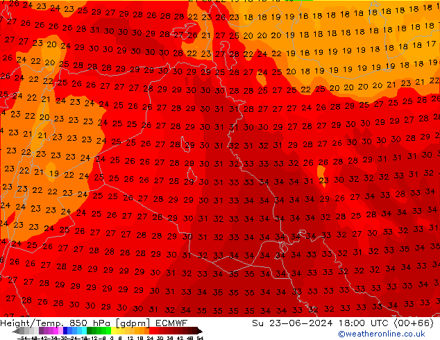 Height/Temp. 850 hPa ECMWF Su 23.06.2024 18 UTC