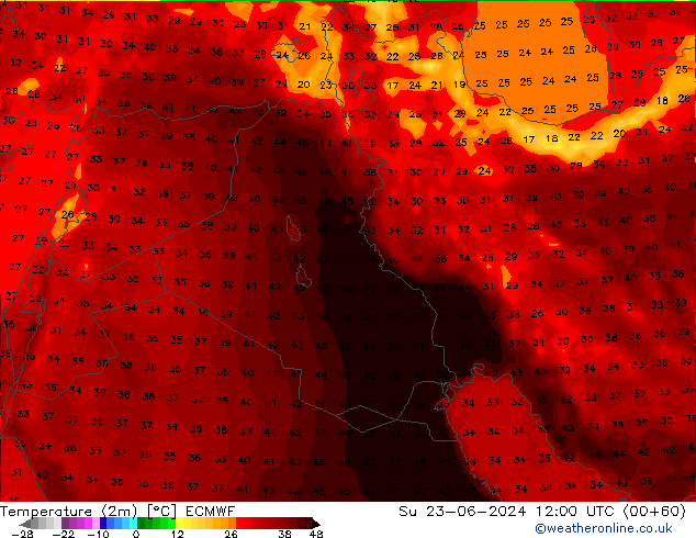 Temperatuurkaart (2m) ECMWF zo 23.06.2024 12 UTC