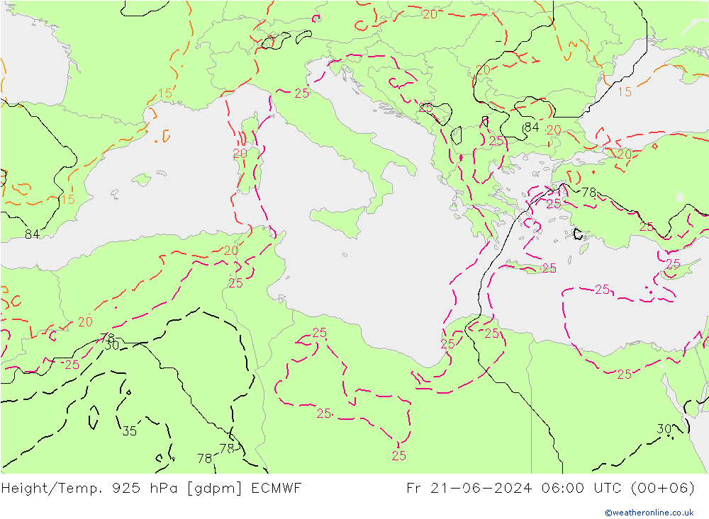 Height/Temp. 925 hPa ECMWF Fr 21.06.2024 06 UTC