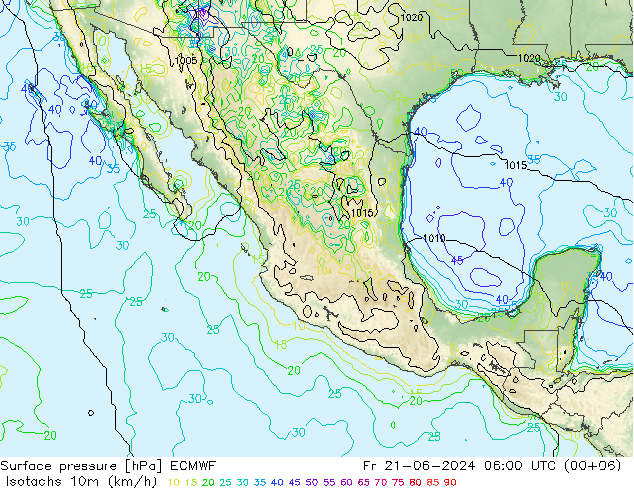 Isotaca (kph) ECMWF vie 21.06.2024 06 UTC