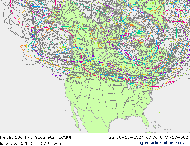 Height 500 hPa Spaghetti ECMWF so. 06.07.2024 00 UTC