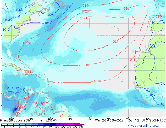 Totale neerslag (6h) ECMWF wo 26.06.2024 12 UTC