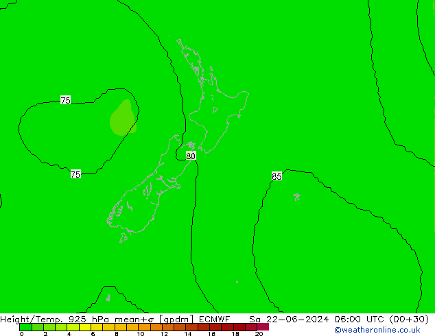 Height/Temp. 925 hPa ECMWF so. 22.06.2024 06 UTC