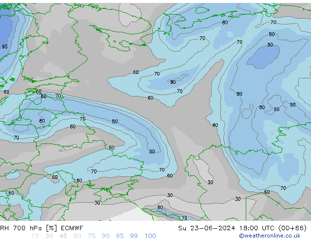 RH 700 hPa ECMWF nie. 23.06.2024 18 UTC