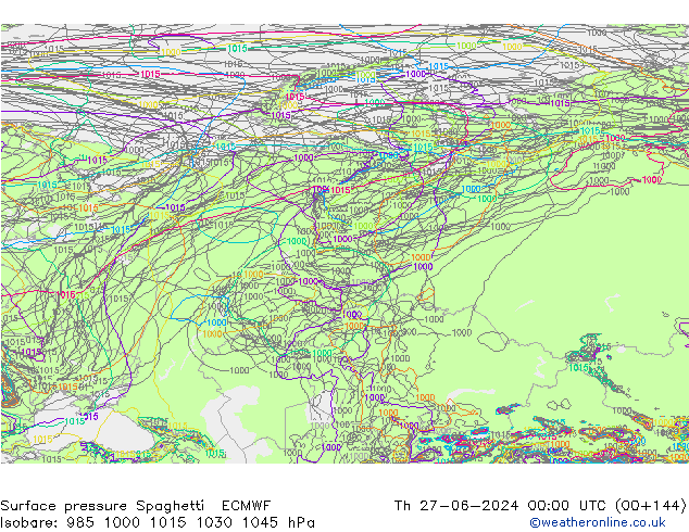 Surface pressure Spaghetti ECMWF Th 27.06.2024 00 UTC