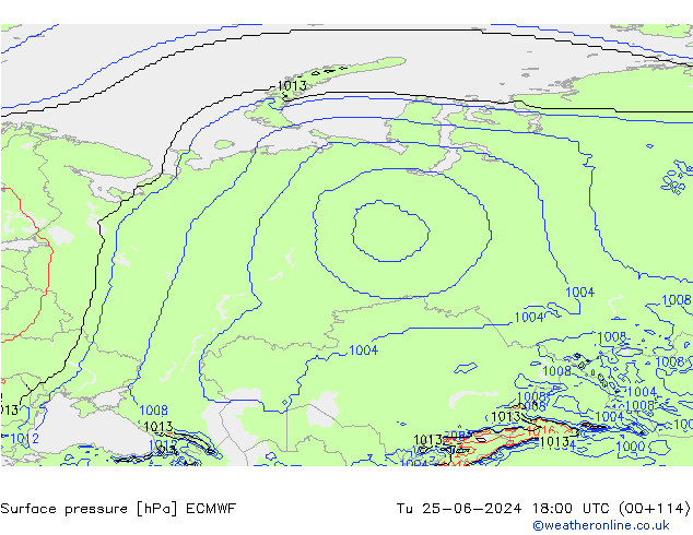 Surface pressure ECMWF Tu 25.06.2024 18 UTC