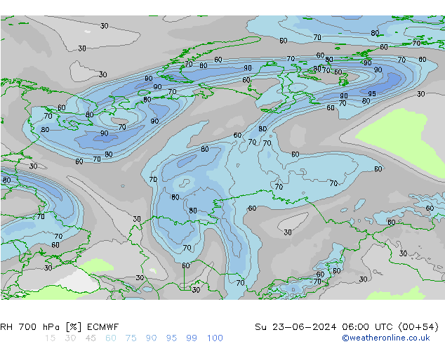 RH 700 hPa ECMWF nie. 23.06.2024 06 UTC