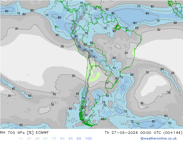 Humidité rel. 700 hPa ECMWF jeu 27.06.2024 00 UTC