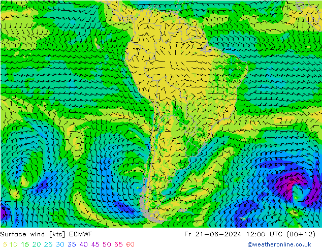 Vento 10 m ECMWF Sex 21.06.2024 12 UTC