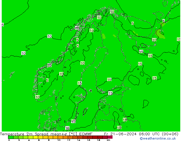 Temperature 2m Spread ECMWF Pá 21.06.2024 06 UTC