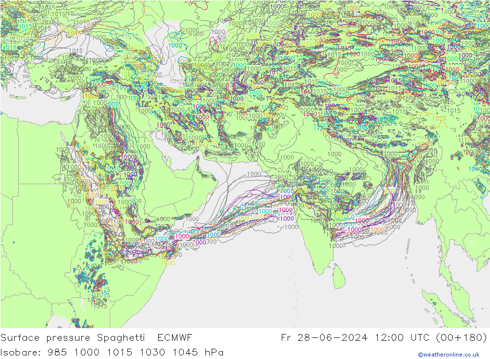 Surface pressure Spaghetti ECMWF Fr 28.06.2024 12 UTC