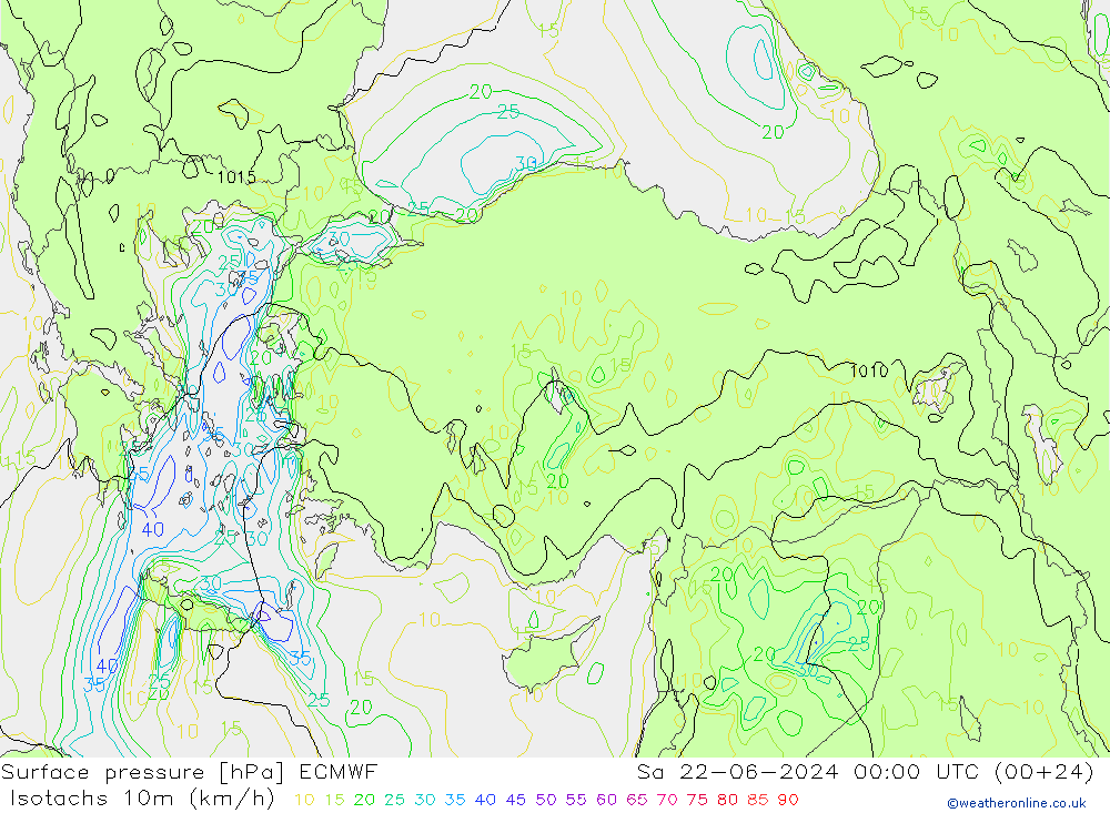 Isotachs (kph) ECMWF сб 22.06.2024 00 UTC