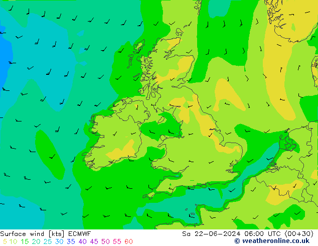 Vent 10 m ECMWF sam 22.06.2024 06 UTC