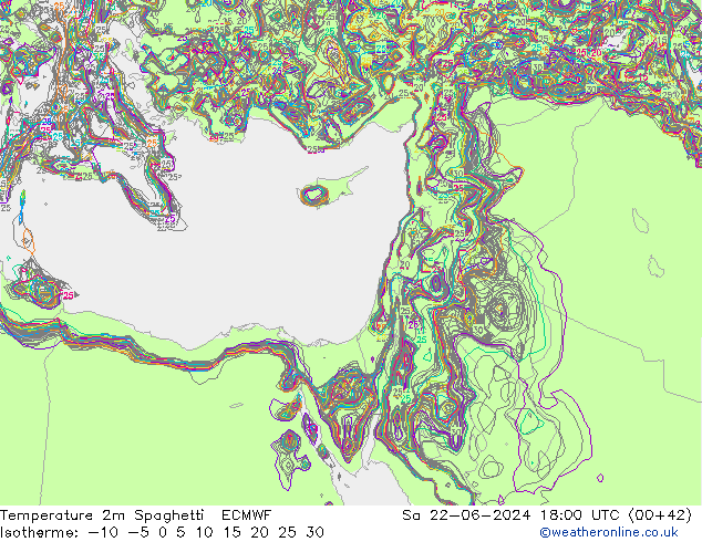 Temperature 2m Spaghetti ECMWF Sa 22.06.2024 18 UTC