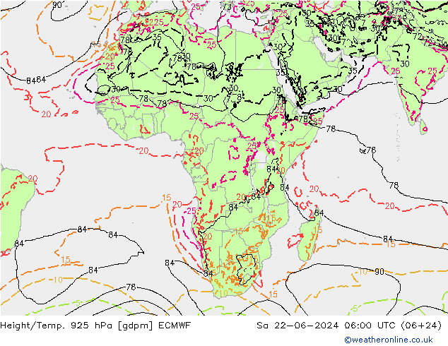 Height/Temp. 925 hPa ECMWF Sáb 22.06.2024 06 UTC