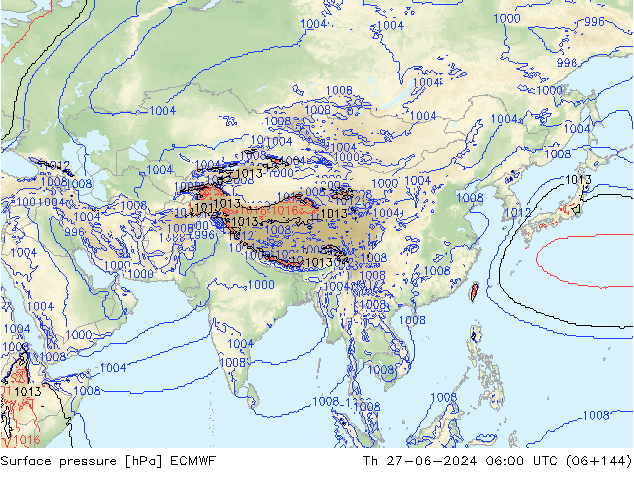 Pressione al suolo ECMWF gio 27.06.2024 06 UTC