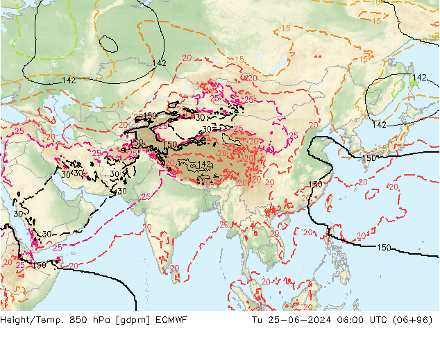 Height/Temp. 850 гПа ECMWF вт 25.06.2024 06 UTC