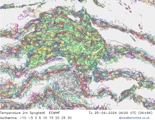 Temperature 2m Spaghetti ECMWF Tu 25.06.2024 06 UTC