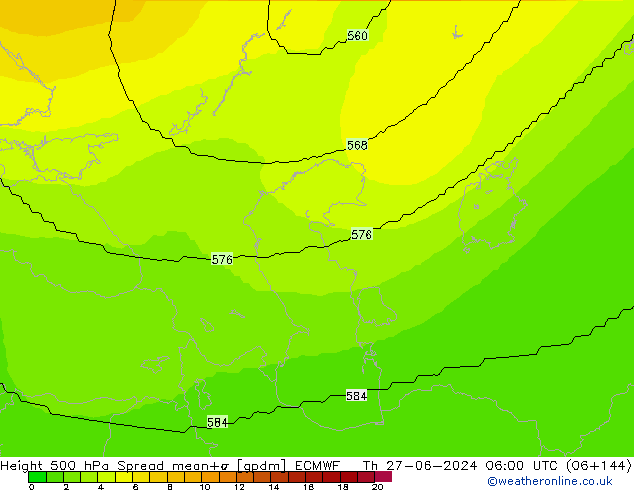 Height 500 hPa Spread ECMWF Čt 27.06.2024 06 UTC