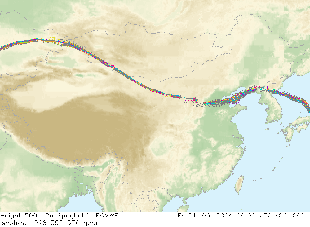 Height 500 hPa Spaghetti ECMWF Fr 21.06.2024 06 UTC