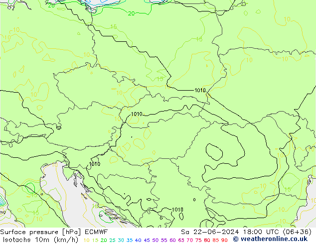 Isotachs (kph) ECMWF Sáb 22.06.2024 18 UTC