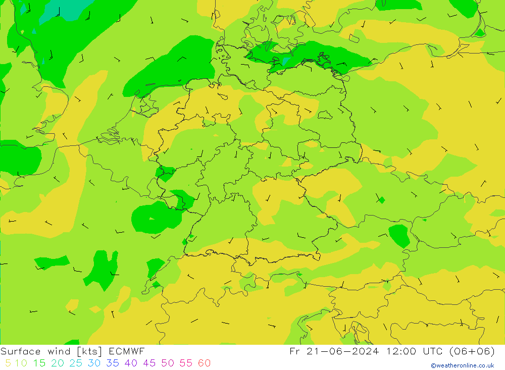 wiatr 10 m ECMWF pt. 21.06.2024 12 UTC